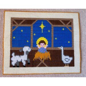 Nativity Scene Completed Needlepoint Art Ready to Hang Plastic back 16.5"x13.25"